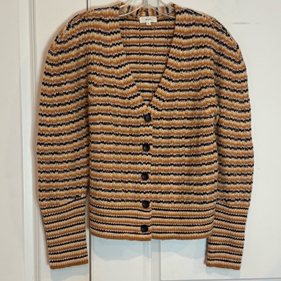 A.L.C. Rebekah Wool Alpaca Blend Striped V-neck Button Cardigan Sweater M